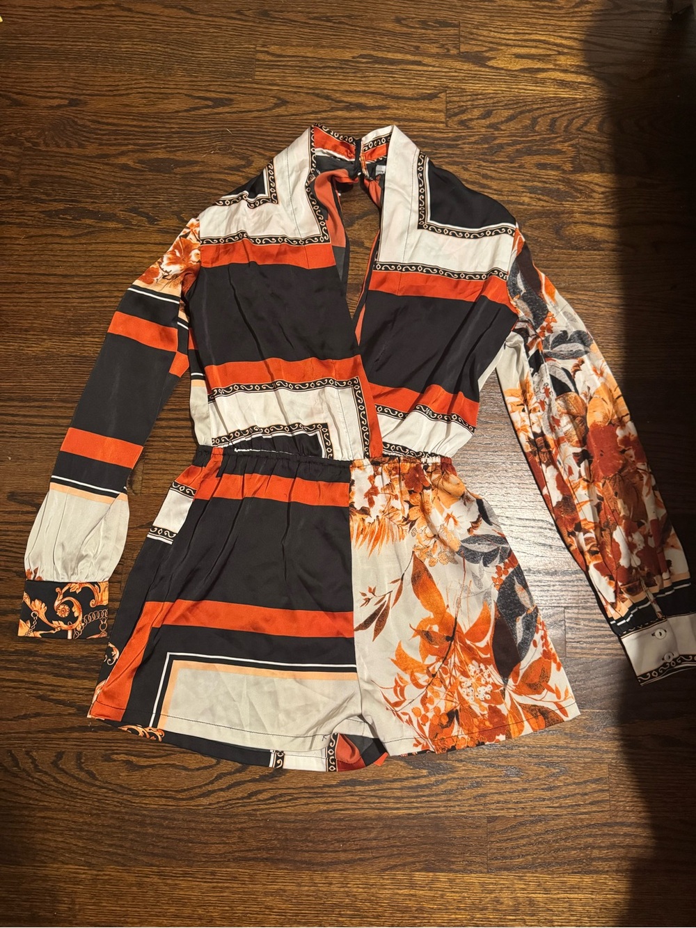 AKIRA Black, Orange & Cream Long-Sleeve V-Neck Romper NWOT